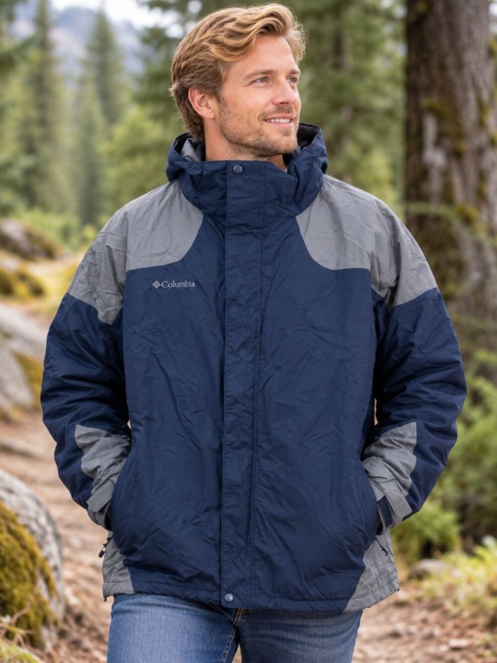 Columbia Mens Navy  Gray Hooded Waterproof Windbreaker Zip Front Jacket Size 2XL